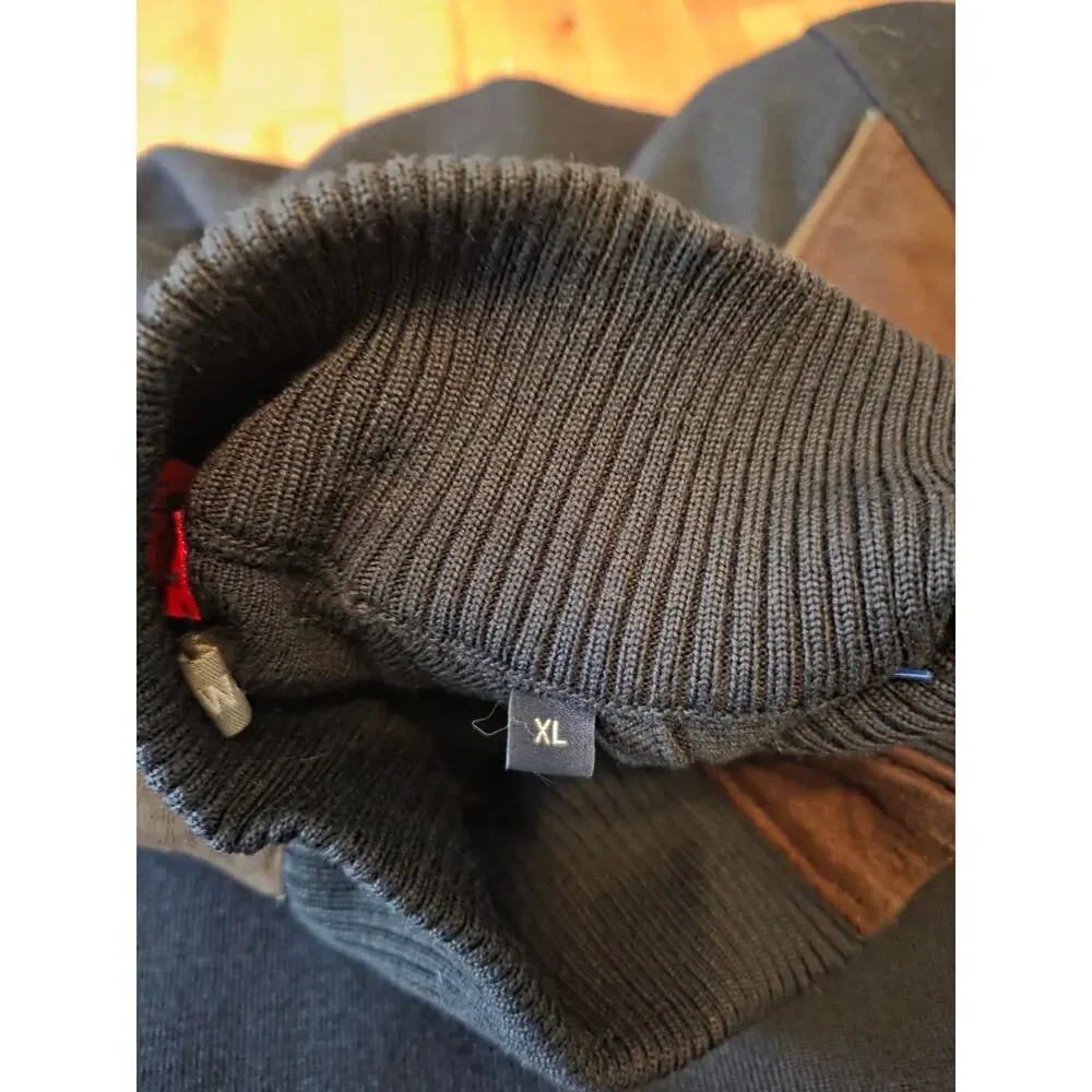 Luchiano Visconti Mens XL Italian Merino Wool Sweater Navy Mock Neck Suede Patch